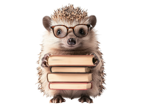 A cute hedgehog wearing glasses, holding a stack of books, isolated on a white background.