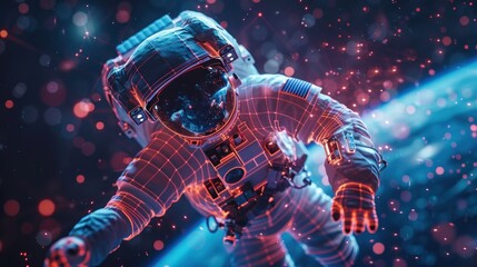 Fototapeta premium An astronaut floats in space, outlined in glowing red lines against a dark blue background with a planet below and a scattering of red and white sparks.