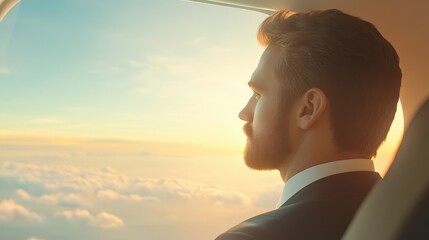 Fototapeta premium A man in a suit is looking out the window of an airplane