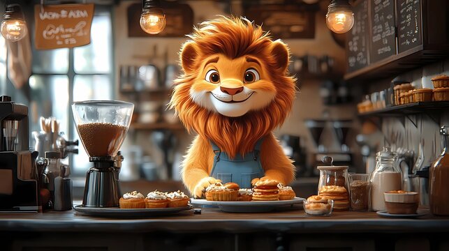 A cute lion chef character concept with breads in the table