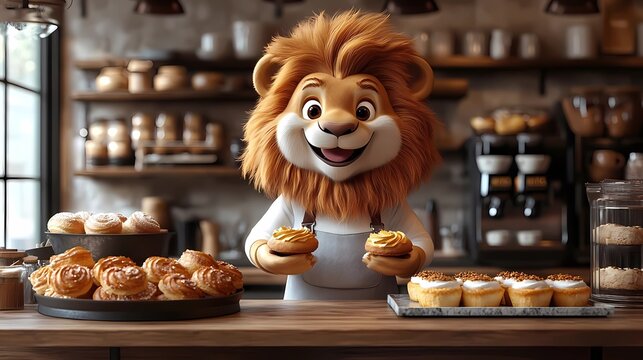 A cute lion chef character concept with breads in the table