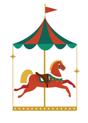 Merry go round with horse, festive fair attraction. Christmas time amusement park. Hand drawn isolated vector illustration in flat design