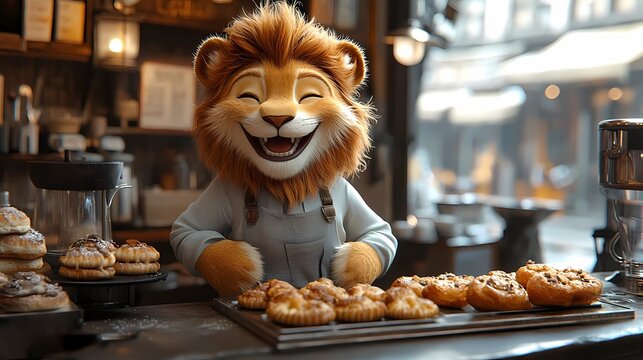 A cute lion chef character concept with breads in the table - Powered by Adobe