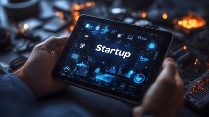 Businessman holding a tablet with a virtual screen