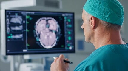 Surgeon examining a medical scan on a digital display, focused and intense, surgical planning, technology