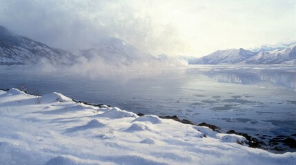 Obraz premium Vast Winter Landscape of a Snow-Covered Lake Bordered by Distant Mountains with Soft Fog and Tranquil Waters Reflecting the Serene Winter Atmosphere