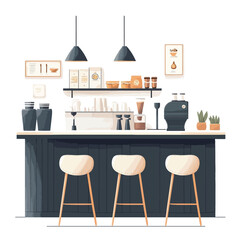 Modern bar interior with bar counter, chairs, coffee machine and accessories. Vector illustration.eps