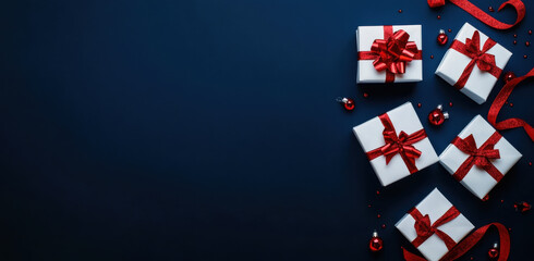 Fototapeta premium collection of beautifully wrapped gifts with red ribbons on dark background, perfect for festive celebrations