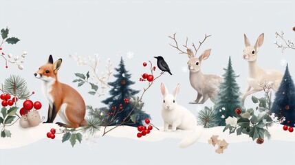 Obraz premium A fox, rabbit, deer, and crow are gathered in a winter wonderland, surrounded by snow-covered trees and red berries