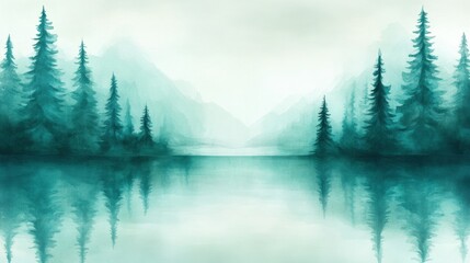 Misty mountains and pine trees reflect in a serene, glassy lake, AI