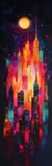An abstract painting of a city at night with a full moon. The city is depicted in bright, bold colors, with the moon shining brightly in the sky above. 