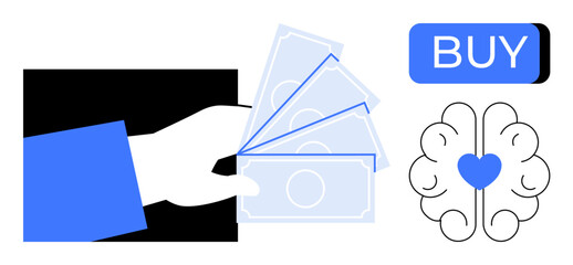 Hand holding money, blue BUY button, heart within a brain outline indicating emotional purchase decisions. Ideal for e-commerce, marketing psychology, consumer behavior, finance, sales strategies