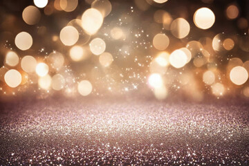 shimmering background with golden bokeh lights and sparkling glitter creates festive atmosphere, perfect for celebrations and events