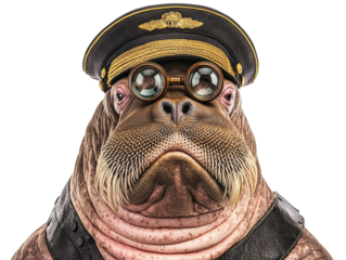 A whimsical walrus wearing a pilot's hat and goggles, displaying a quirky and playful personality.
