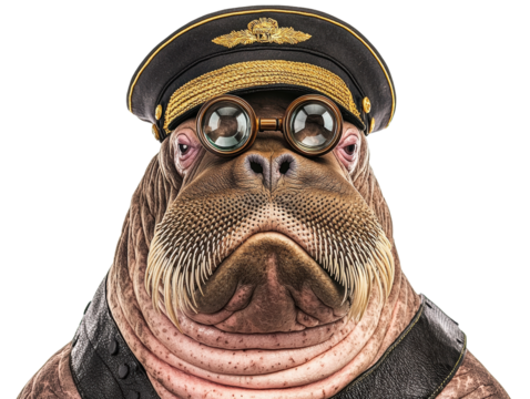 A whimsical walrus wearing a pilot's hat and goggles, displaying a quirky and playful personality.