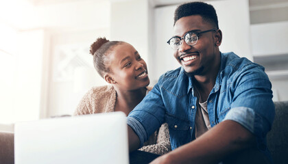 House, finance and black couple on sofa, laptop and mortgage with planning for budget. African...