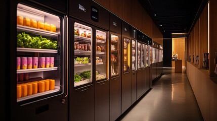 Digital vending machine in a sleek public space, dispensing nutrient-rich food capsules, with holographic options and touchless technology 