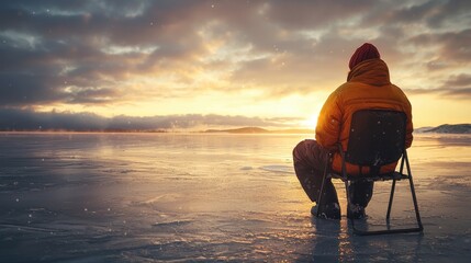 Tranquil Scene of a Fisherman Sitting on an Ice Chair, Captivated by the Sunset Over the Serene Frozen Lake