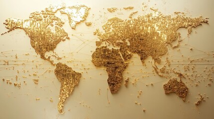 A detailed 3D golden world map with raised structures, representing cities and geographical landscapes in a luxurious composition.