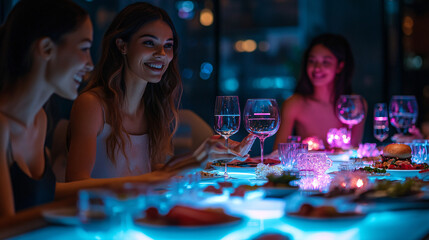 Fototapeta premium Group of friends enjoying a selection of molecular gastronomy dishes on a high-tech dining table equipped with holographic menu displays 
