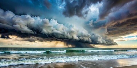 Naklejka premium Dramatic Minimalist Capture of a Powerful Hurricane Forming Over the Gulf of Mexico Approaching Land in Late Afternoon Light with Dark Clouds and Turbulent Waters