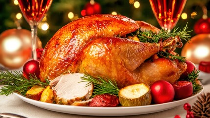 Roasted turkey on a festive table with holiday decorations.