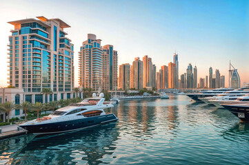 Fototapeta premium Dubai Marina Skyline and Luxury boats and yachts moving in Sea of Dubai Marina 