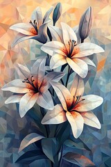 Obraz premium Radiant white lilies bloom gracefully in a colorful abstract background showcasing nature's beauty and intricacy with every petal and leaf perfect for floral art enthusiasts