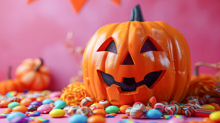 Smiling Halloween pumpkin and candies in minimalist style