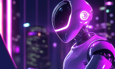 Fototapeta premium Creative Abstract Marketing Background Featuring a Friendly AI Robot Using a Laptop with Purple Neon Lights: A Conceptual Illustration of Chatbots and AI Assistants in Future Technology, Enhanced with