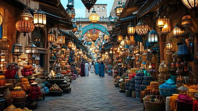 A bustling marketplace filled with vibrant lanterns and colorful goods
