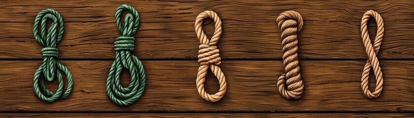 Obraz premium Variety of ropes arranged on a wooden background, showcasing textures.