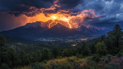 A dramatic lightning storm illuminates a mountain range at night.
