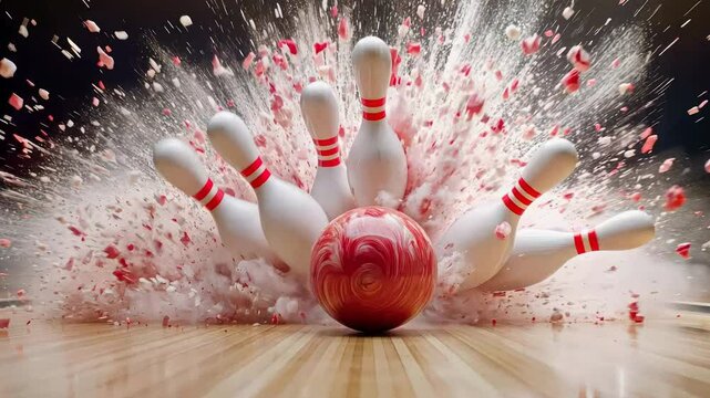 Bowling ball striking pins with explosive impact and dynamic motion. Action shot of pins flying in a bowling alley. Sports and recreation concept.	