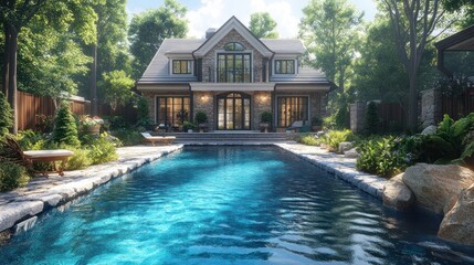 Fototapeta premium Elegant house with a pool surrounded by lush greenery.