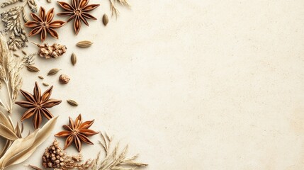 A decorative arrangement of spices and herbs on a textured background.