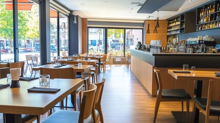 Modern dining area with wooden tables and large windows in a city restaurant during daytime. Generative AI