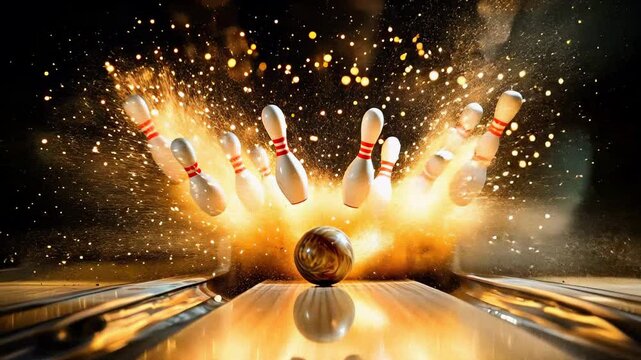 Bowling ball striking pins with explosive impact and dynamic motion. Action shot of pins flying in a bowling alley. Sports and recreation concept.	