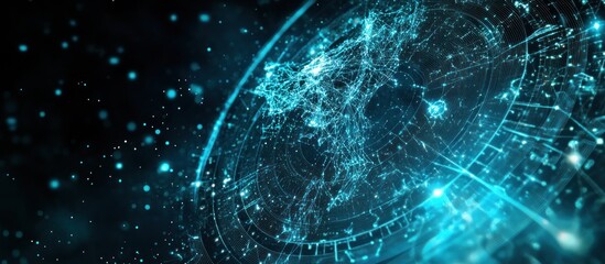 Abstract futuristic glowing blue globe with digital gridlines and particles in dark background.