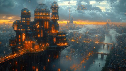 Fototapeta premium A fantastical cityscape at dusk, illuminated by warm lights.