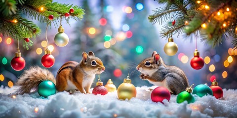 Enchanting Christmas Scene Featuring a Tilt-Shift Photography Effect of Squirrels and Chipmunks Amidst Festive Decorations and Snow-Covered Trees in a Winter Wonderland
