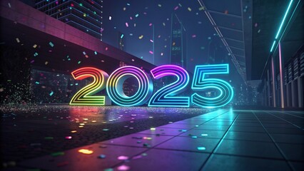 A stylized '2025' in glowing rainbow colors, with a cyberpunk aesthetic featuring floating holographic confetti