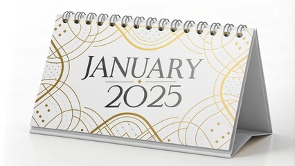 A stylized calendar for January 2025, with a sleek, modern design featuring gold and silver highlights