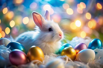 Enchanting Macro Photography of a White Rabbit Surrounded by Colorful Easter Eggs on a Soft Blue Light Background, Perfect for Spring Celebrations and Festive Themes