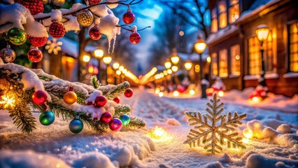 Fototapeta premium Enchanting Snowy Street Illuminated by Twinkling Christmas Lights, Inviting Warmth Amidst a Winter Wonderland, Perfect for Holiday Spirit and Seasonal Celebrations
