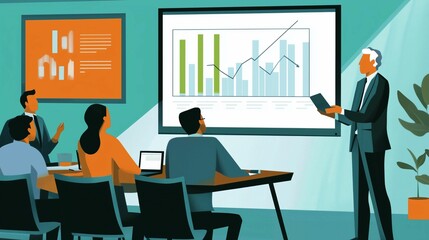 Several professionals are gathered around a table in a modern office, listening to a businessman stand in front of a large screen showing a graph depicting upward growth.
