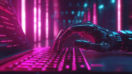 The image shows a robotic hand interacting with a pink neon-lit keyboard, capturing a unique cyberpunk aesthetic and showcasing futuristic design elements.