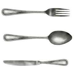 Stainless steel spoon, fork and knife with metal handle, watercolor digital illustration. Cutlery set isolated on white background. Kitchen utensils for food, restaurant serving cutlery