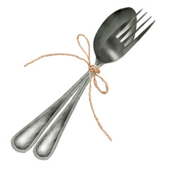 Fork and spoon tied with string. Cutlery set isolated on white background. Kitchen utensils for food, restaurant serving cutlery knife and fork with metal handles