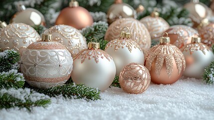 Obraz premium Elegant Christmas decorations clustered elegantly on a white surface, ideal for holiday cards, invitations, or seasonal promotions, capturing a joyful spirit.